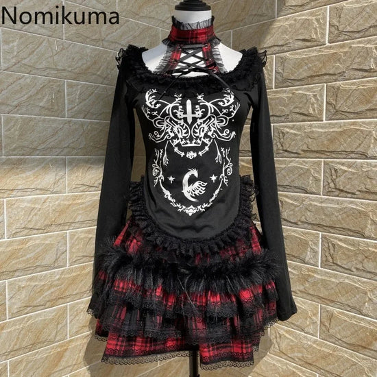 Japanese Gothic Woman Tshirts Y2k Tops Slim Waist Bandage Tees Patchwork Lace Print Long Sleeve Black T Shirt 2025 Ropa Mujer